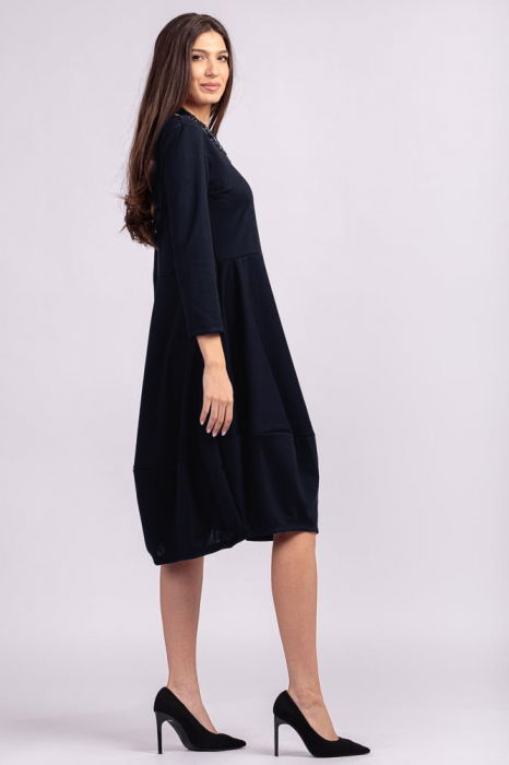 Rochie lalea bleumarin inchis, din bumbac cu imprimeu floare stilizata [2]