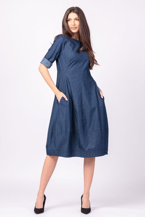 Rochie lalea cambrata, cu fermoar, din denim albastru, subtire [2]