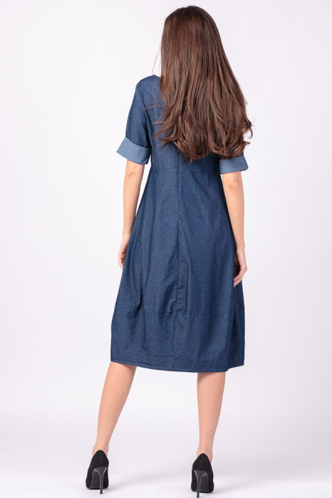 Rochie lalea cambrata, cu fermoar, din denim albastru, subtire [4]