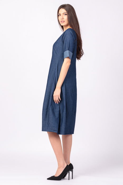 Rochie lalea cambrata, cu fermoar, din denim albastru, subtire [3]