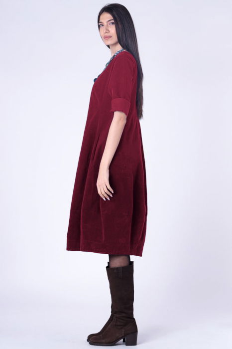Rochie lalea cambrata, cu fermoar, din catifea reiata bordo [2]