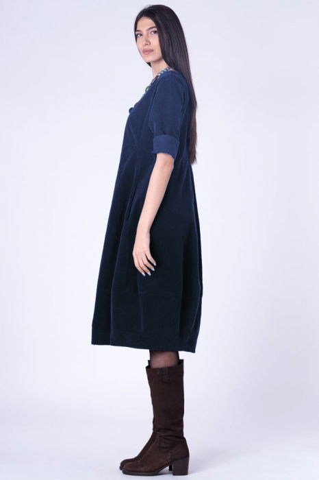 Rochie lalea cambrata, cu fermoar, din catifea reiata bleumarin [2]