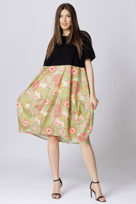 Rochie lalea cu bust negru si imprimeu mandale verde deschis [2]