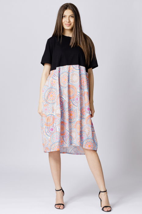 Rochie lalea cu bust negru si imprimeu mandale bleu [2]