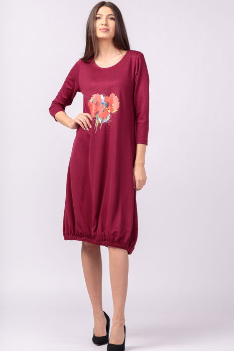 Rochie bordo din tricot, cu elastic la poale si imprimeu maci rosii [2]
