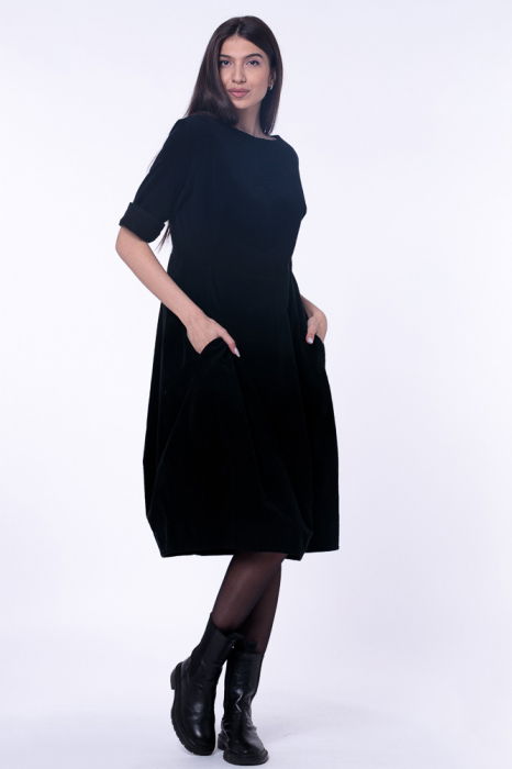 Rochie lalea cambrata, cu fermoar, din catifea reiata neagra [2]