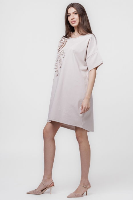 Rochie scurta, dreapta,cu aplicatie boboc, din jerseu de bumbac, bej [3]