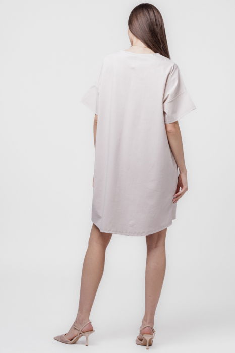 Rochie scurta, dreapta,cu aplicatie boboc, din jerseu de bumbac, bej [4]