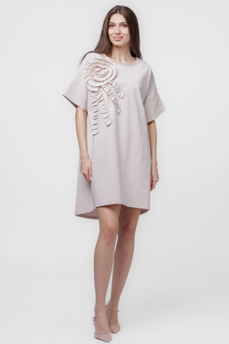 Rochie scurta, dreapta,cu aplicatie boboc, din jerseu de bumbac, bej [1]