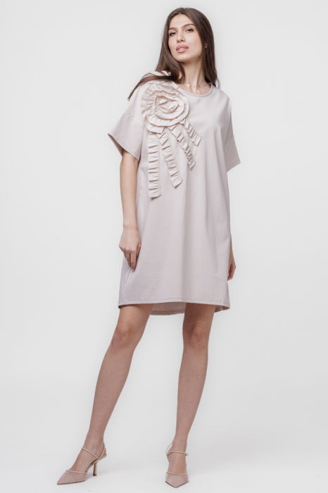 Rochie scurta, dreapta,cu aplicatie boboc, din jerseu de bumbac, bej [2]