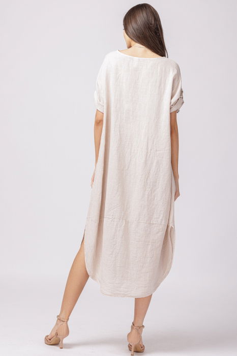 Rochie lalea oversize din in cu buzunare si crapaturi laterale rotunjite, bej [2]