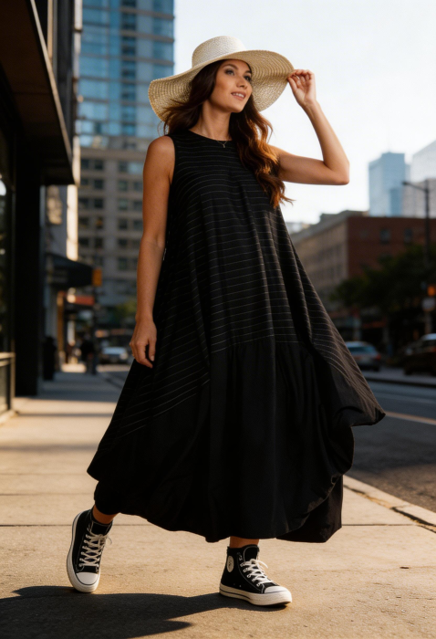 Rochie neagra cu dungi fine oversized cu volum arhitectural – stil urban chic [9]