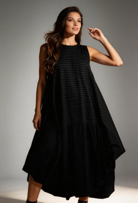 Rochie neagra cu dungi fine oversized cu volum arhitectural – stil urban chic [4]