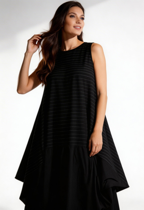 Rochie neagra cu dungi fine oversized cu volum arhitectural – stil urban chic [6]