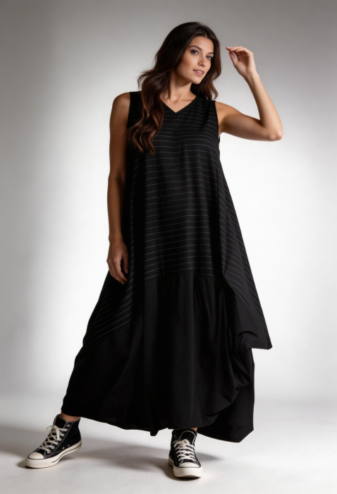 Rochie neagra cu dungi fine oversized cu volum arhitectural – stil urban chic [3]