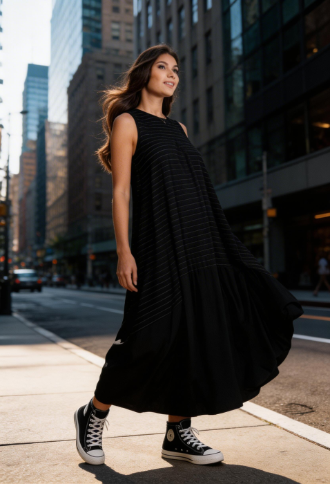 Rochie neagra cu dungi fine oversized cu volum arhitectural – stil urban chic [8]