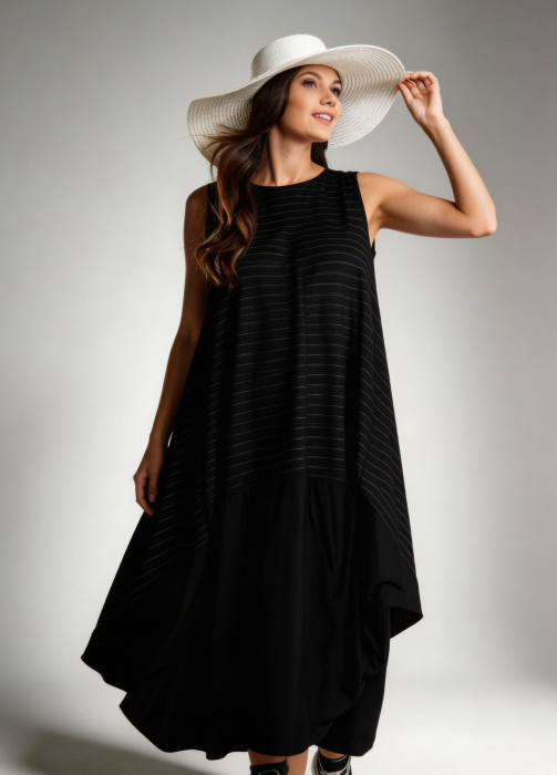 Rochie neagra cu dungi fine oversized cu volum arhitectural – stil urban chic [5]