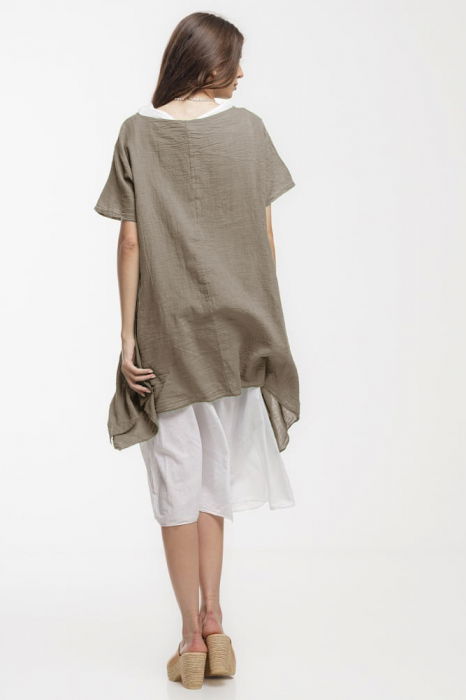 Rochie lejera din bumbac cu doua straturi si croi asimetric, alb-bej inchis [3]