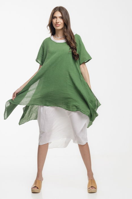 Rochie lejera din bumbac cu doua straturi si croi asimetric, alb-verde [2]