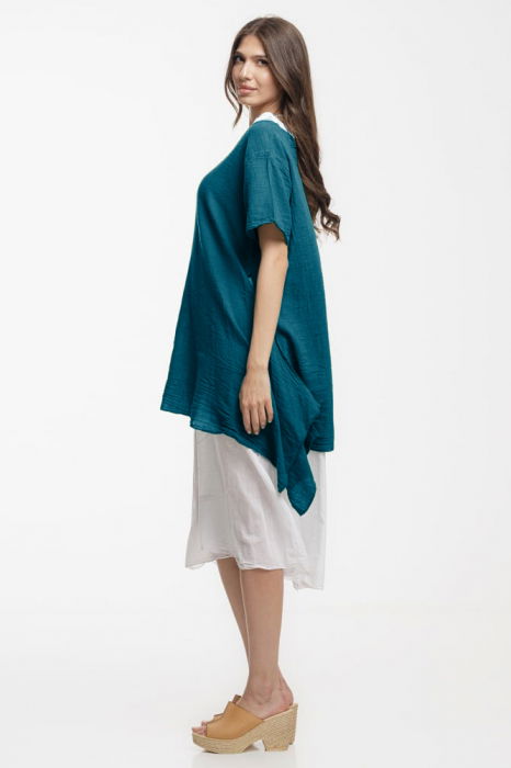 Rochie lejera din bumbac cu doua straturi si croi asimetric, alb - turcoaz inchis [2]