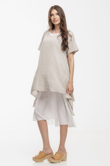 Rochie lejera din bumbac cu doua straturi si croi asimetric, alb-bej [2]