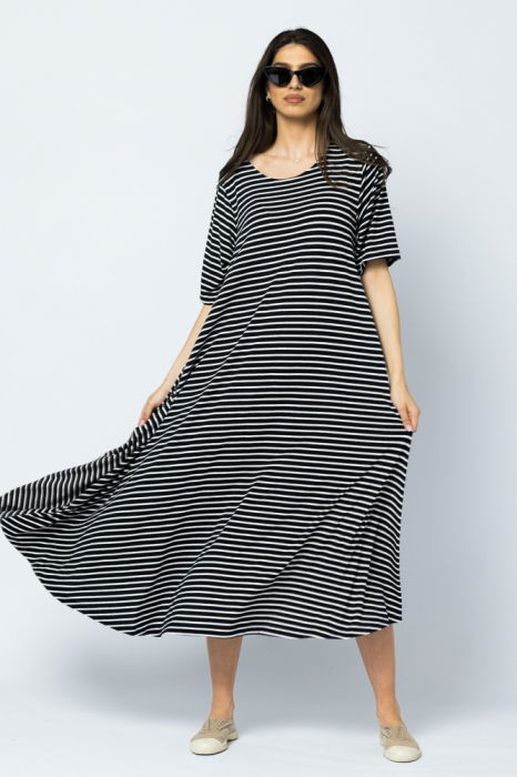 Rochie lunga A-line, dungi alb-bleumarin, cu imprimeu maci [7]