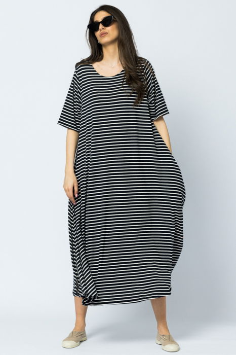 Rochie lunga A-line, dungi alb-bleumarin, cu imprimeu maci [5]