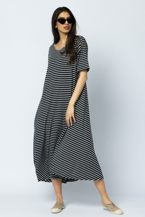 Rochie lunga A-line, dungi alb-bleumarin, cu imprimeu maci [4]