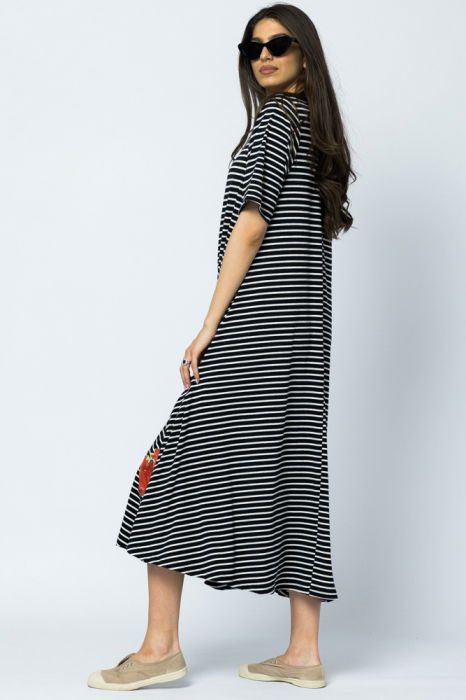 Rochie lunga A-line, dungi alb-bleumarin, cu imprimeu maci [6]