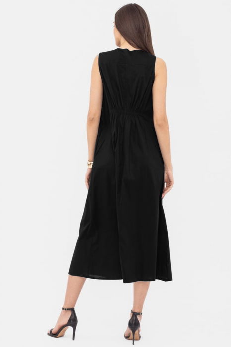 Rochie lunga A-line cu decolteu in V, din poplin de bumbac, neagra [3]