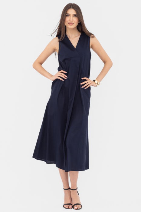 Rochie lunga A-line cu decolteu in V, din poplin de bumbac, bleumarin [3]