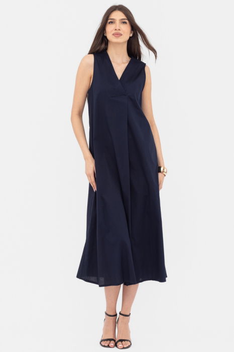 Rochie lunga A-line cu decolteu in V, din poplin de bumbac, bleumarin [2]