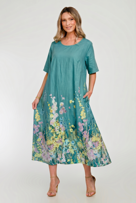 Rochie lunga A-line cu imprimeu floral, din poplin de bumbac, turcoaz