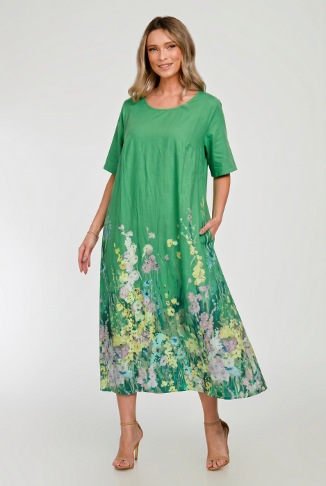 Rochie lunga A-line cu imprimeu floral, din poplin de bumbac, verde