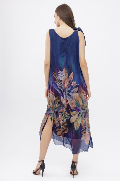 Rochie lunga A-line, cu imprimeu vegetal pe fond bleumarin [4]