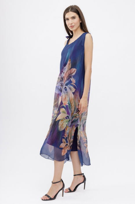 Rochie lunga A-line, cu imprimeu vegetal pe fond bleumarin [3]