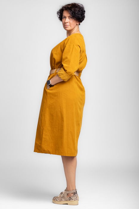 Rochie midi A-line din catifea reiata, cu curea, mustar [3]