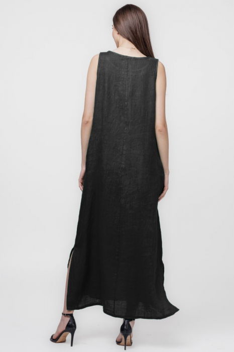 Rochie lunga A-line din in, fara maneci, neagra [3]