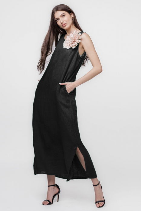 Rochie lunga A-line din in, fara maneci, neagra [2]