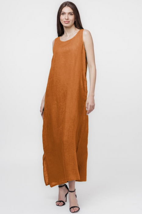 Rochie lunga A-line din in, fara maneci, caramizie [2]