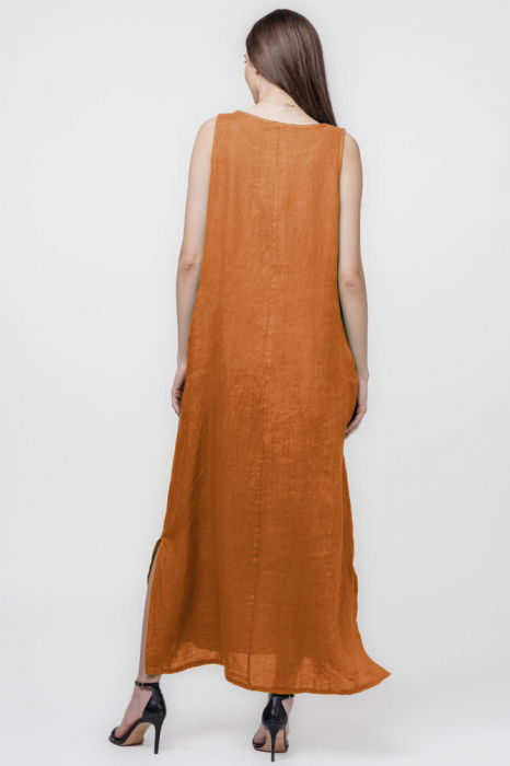 Rochie lunga A-line din in, fara maneci, caramizie [3]