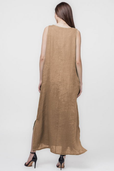 Rochie lunga A-line din in, fara maneci, camel [3]