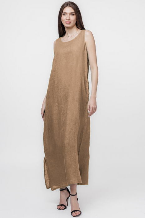 Rochie lunga A-line din in, fara maneci, camel [2]