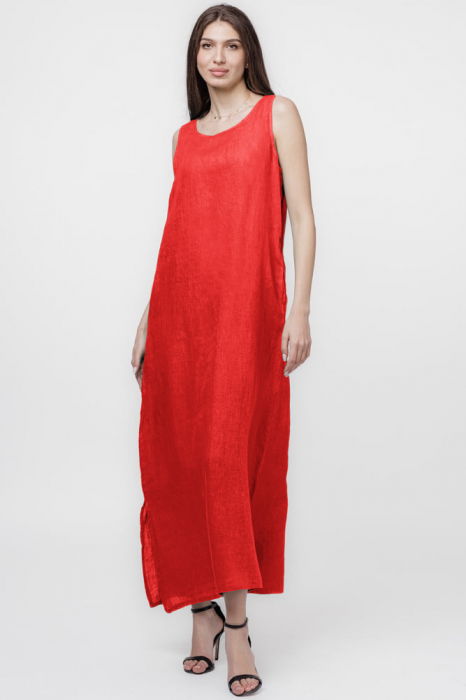 Rochie lunga A-line din in, fara maneci, rosie [3]