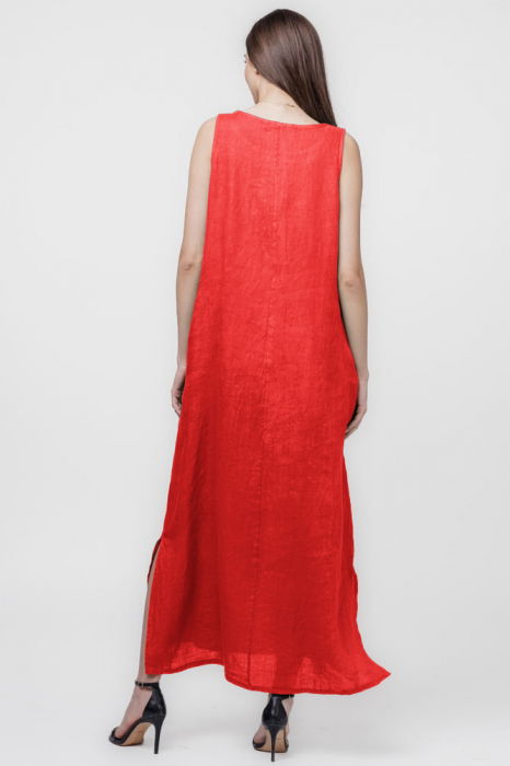 Rochie lunga A-line din in, fara maneci, rosie [2]