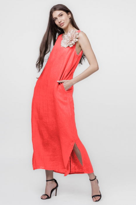 Rochie lunga A-line din in, fara maneci, corai [2]