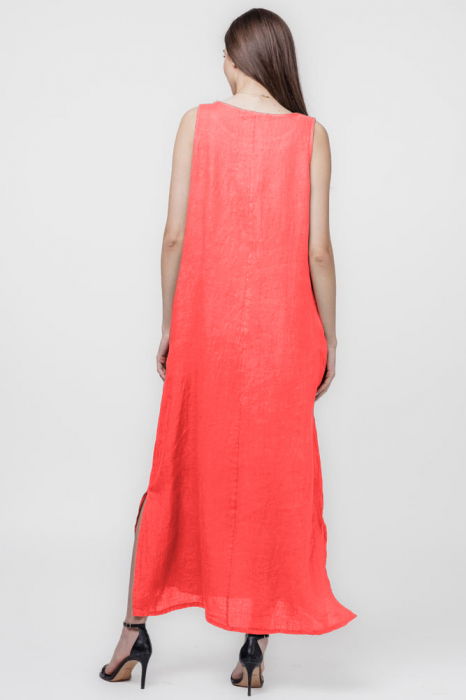 Rochie lunga A-line din in, fara maneci, corai [3]