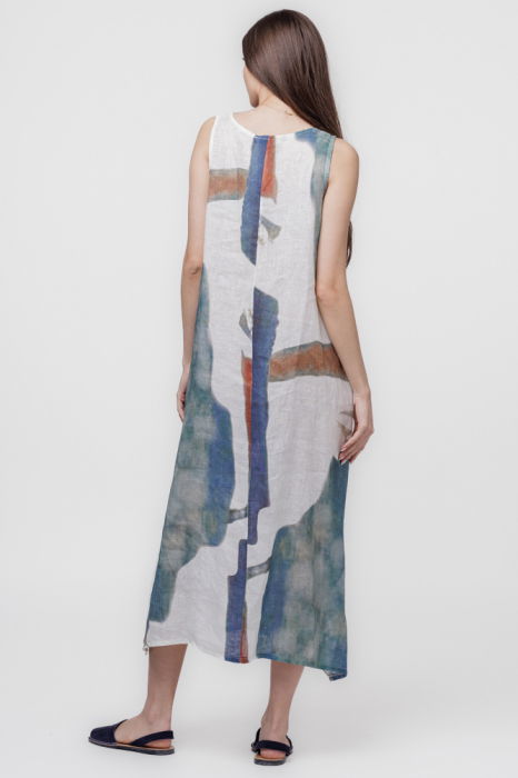 Rochie lunga asimetrica A-line din in cu snur pe fata si imprimeu pictural [4]