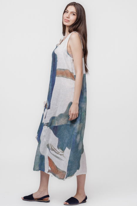 Rochie lunga asimetrica A-line din in cu snur pe fata si imprimeu pictural [3]