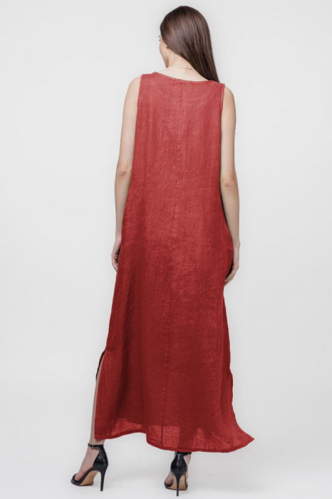 Rochie lunga A-line din in, fara maneci, rosiatic inchis [3]